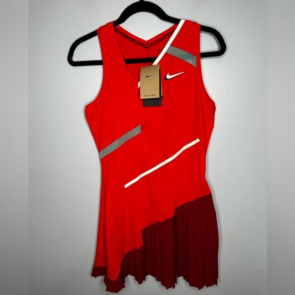 NWT Nike Court Slam Dress Habanero Red Dri-Fit Adv Tennis Sz S Pleated Ruffle - Picture 1 of 13